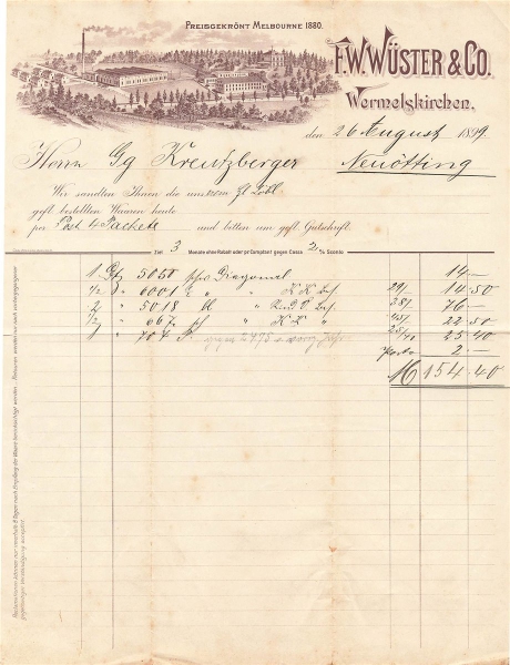 Alte Rechnung,"F.W.Wüster & Co., Wermelskirchen" 26.08.1899