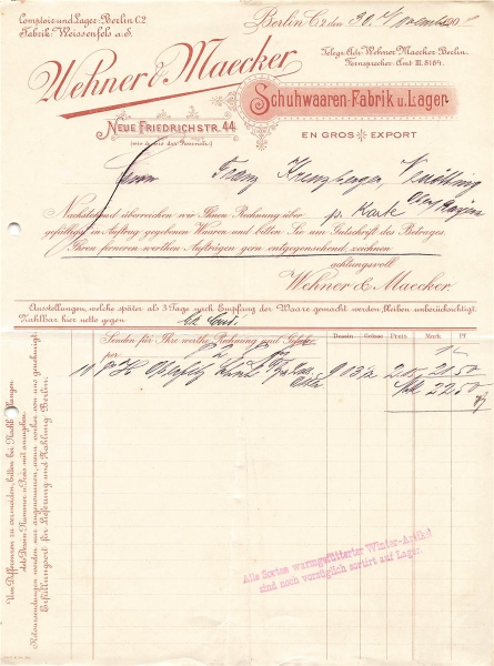 Alte Rechnung,"Wehner & Maecker, Berlin" 30.11.1904