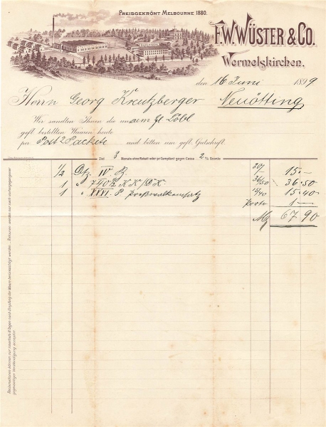 Alte Rechnung,"F.W.Wüster & Co., Wermelskirchen" 16.06.1899