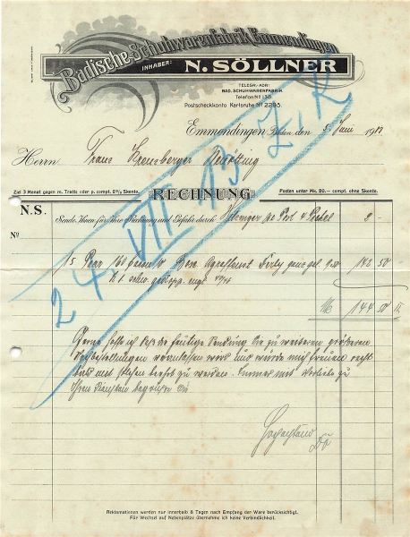 Alte Rechnung,"Badische Schuhwarenf. N. Söllner, Emmendingen" 05.06.1913