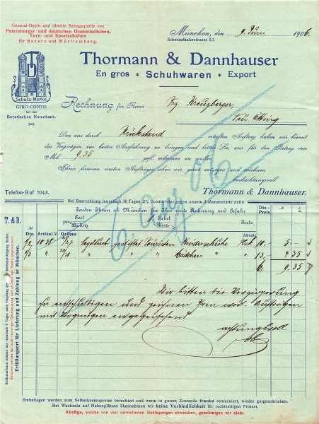 Alte Rechnung,"Thormann & Dannhauser, München" 09.06.1906
