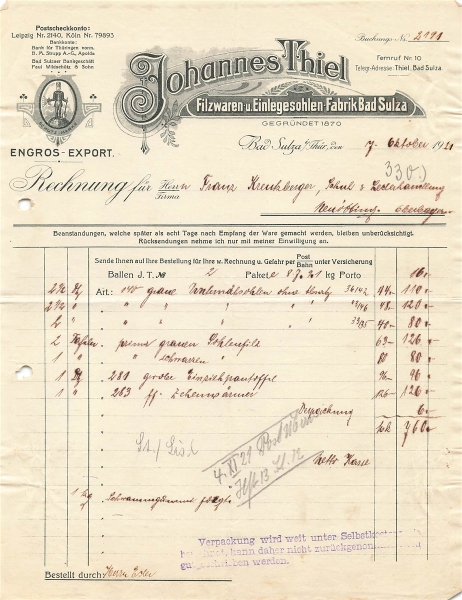 Alte Rechnung,"Johannes Thiel, Bad Sulza i.T." 07.10.1921