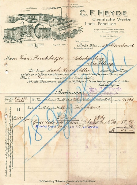 Alte Rechnung,"C.F.Heyde, Berlin" 17.11.1908