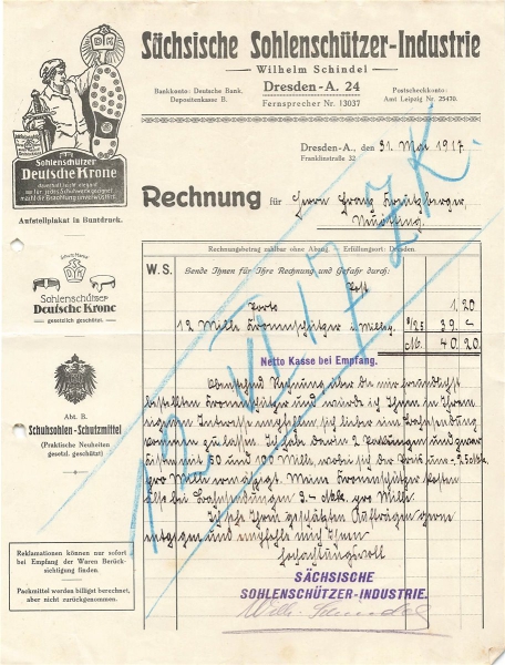 Alte Rechnung,"Wilhelm Schindel, Dresden" 31.05.1917