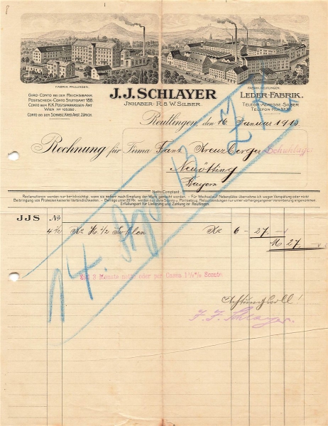 Alte Rechnung,"J.J.Schlayer, Reutlingen" 16.01.1913