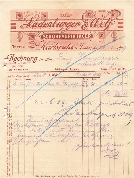Alte Rechnung,"Ladenburger & Wolf, Karlsruhe" 26.03.1909