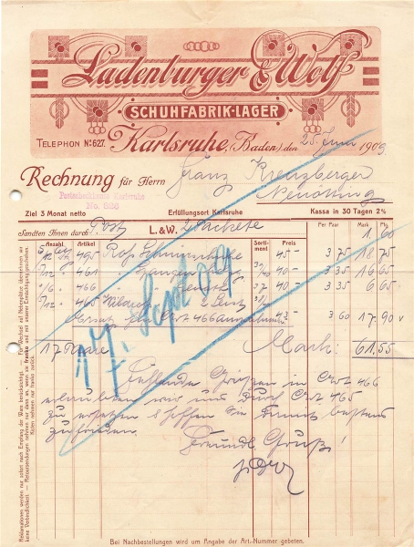 Alte Rechnung,"Ladenburger & Wolf, Karlsruhe" 25.06.1909