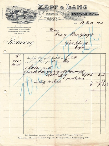 Alte Rechnung,"Zapf & Lang, Schwäbisch Hall" 13.06.1912