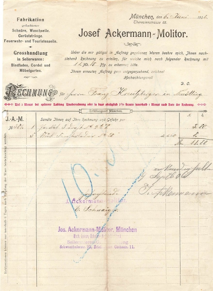 Alte Rechnung,"Josef Ackermann - Molitor, München" 06.06.1906