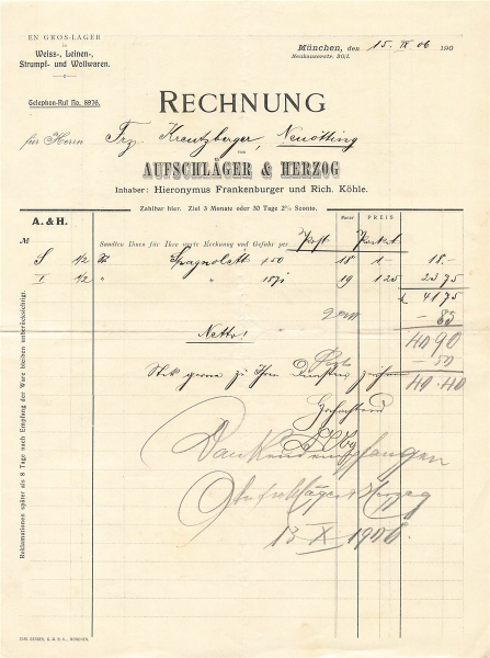 Alte Rechnung,"Aufschläger & Herzog, München" 15.11.1906