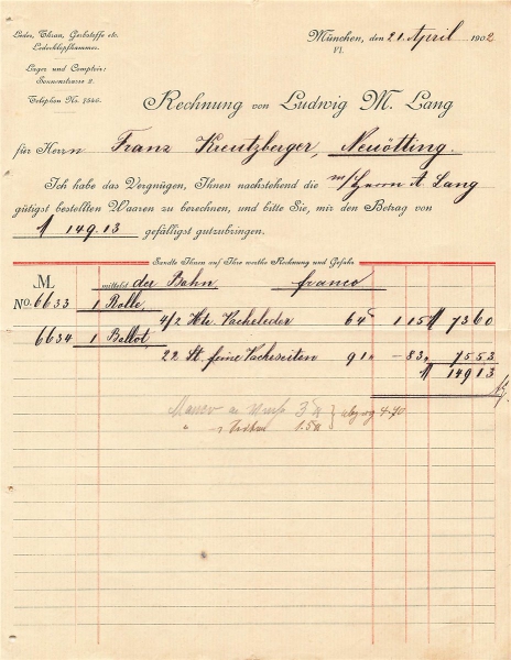 Alte Rechnung,"Ludwig M.Lang, München" 21.04.1902