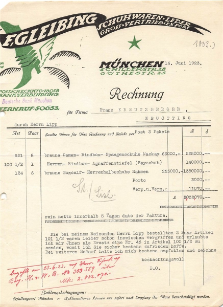 Alte Rechnung,"F.G.Leibing, München" 16.06.1923