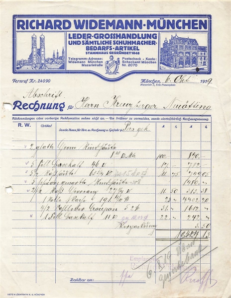 Alte Rechnung,"Richard Widemann, München" 06.10.1919