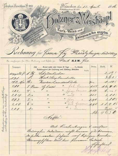 Alte Rechnung,"Holzner & Weishäupl, München" 13.04.1906