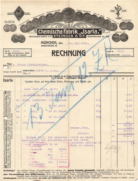 Alte Rechnung,"Chem. Fabik "JSARIA" Etzinger & Co., München" 10.05.1912