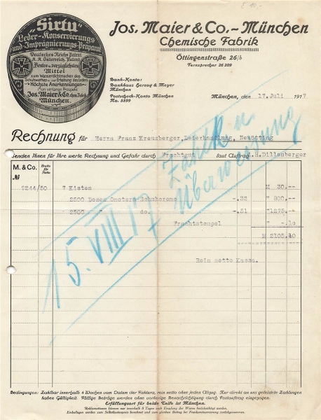 Alte Rechnung,"Jos.Maier & Co., München" 17.07.1917