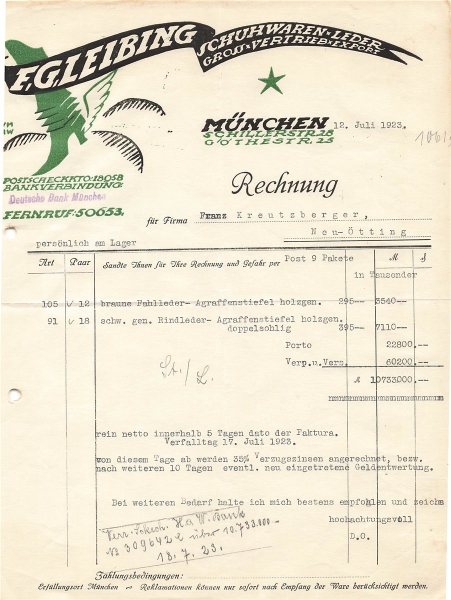 Alte Rechnung,"F.G.Leibing, München" 12.07.1923