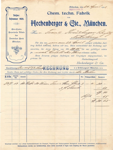 Alte Rechnung,"Hechenberger & Cie., München" 24.04.1902