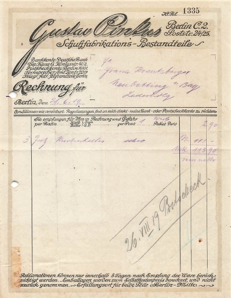 Alte Rechnung,"Gustav Pinkus, Berlin" 21.06.1919