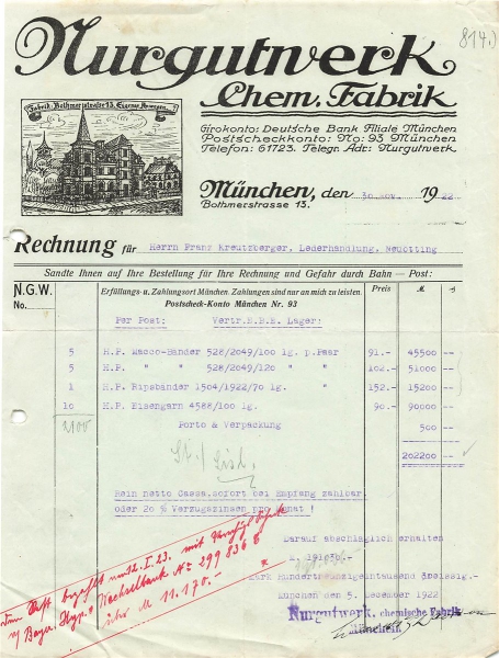 Alte Rechnung,"Nurgutwerk, München" 30.11.1922