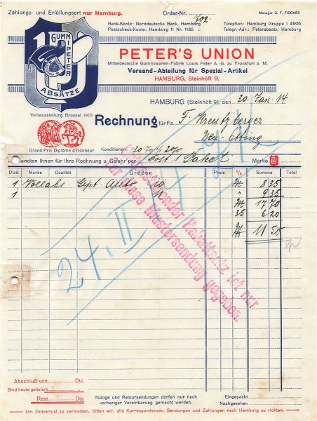 Alte Rechnung,"Peter's Union, Hamburg" 30.01.1914