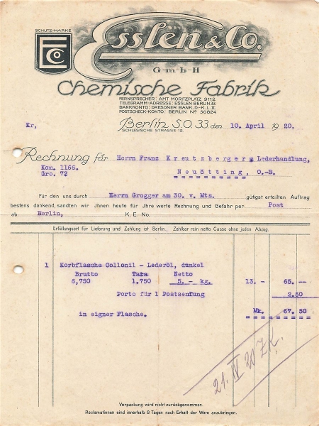 Alte Rechnung,"Esslen & Co. Berlin" 10.04.1920