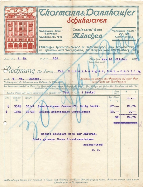 Alte Rechnung,"Thormann & Dannhauser, München" 16.10.1913