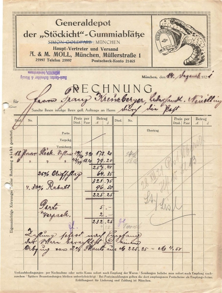 Alte Rechnung,"Generaldep. d. "Stöckicht"-Gummiabsä., A.& M. Moll, München" 14.07.1921