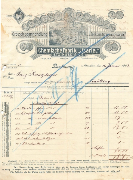 Alte Rechnung,"Chem. Fabik "JSARIA" Etzinger & Co., München" 16.01.1907