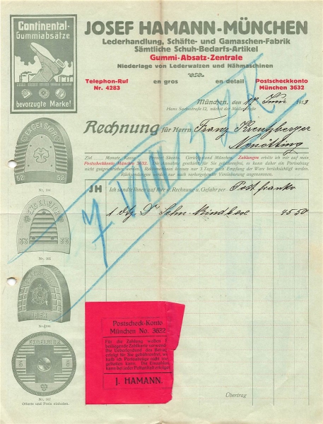 Alte Rechnung,"JOSEF HAMANN, München" 17.06.1913
