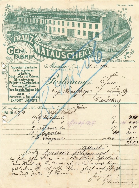 Alte Rechnung,"Franz Matauschek, München" 30.05.1906