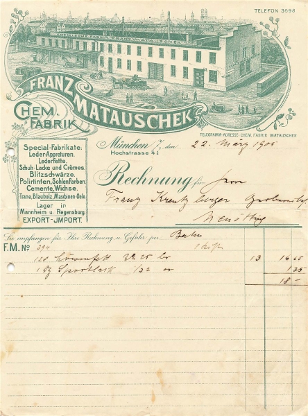 Alte Rechnung,"Franz Matauschek, München" 22.03.1905