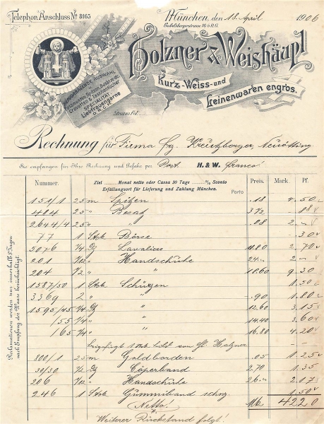 Alte Rechnung,"Holzner & Weishäupl, München" 18.04.1906