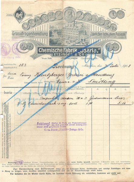 Alte Rechnung,"Chem. Fabik "JSARIA" Etzinger & Co., München" 07.08.1908