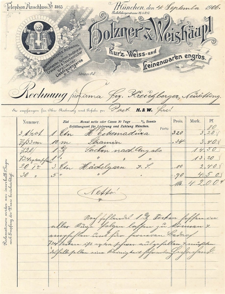 Alte Rechnung,"Holzner & Weishäupl, München" 04.09.1906