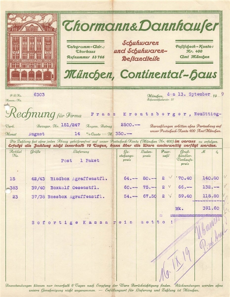 Alte Rechnung,"Thormann & Dannhauser, München" 13.09.1909