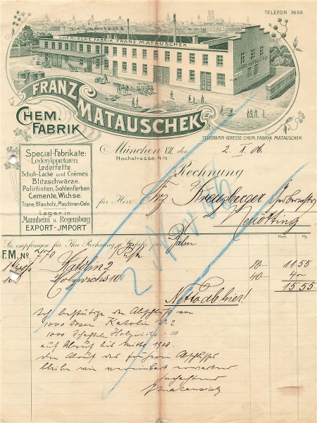Alte Rechnung,"Franz Matauschek, München" 02.10.1906