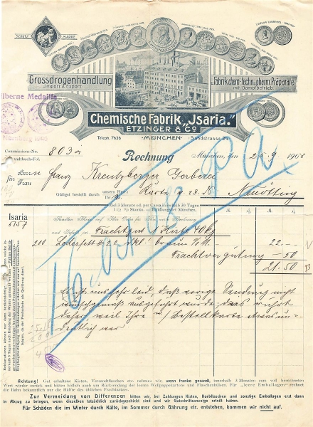 Alte Rechnung,"Chem. Fabik "JSARIA" Etzinger & Co., München" 25.09.1908