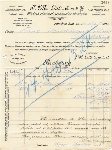 Alte Rechnung,"J.M.Lutz G.m.b.H., München" 05.09.1913