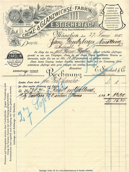 Alte Rechnung,"E.Stiechert & Co., München" 27.06.1910
