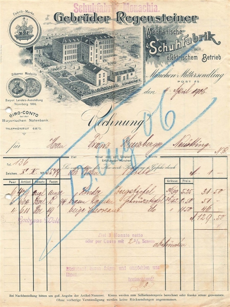 Alte Rechnung,"Gebrüder Regensteiner, München" 04.04.1906