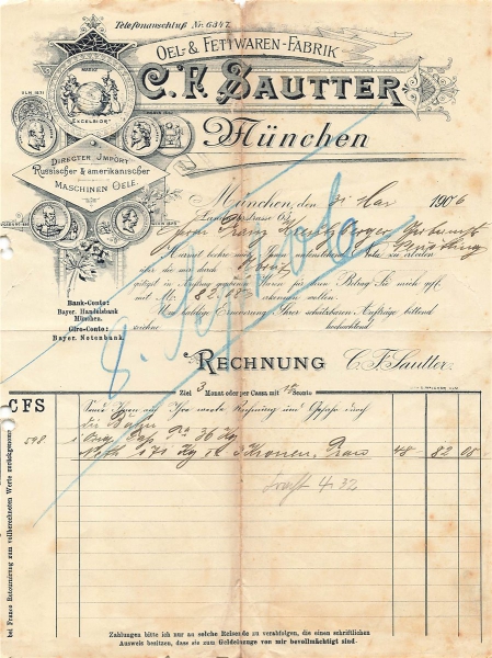 Alte Rechnung,"C.F.Sautter, München" 31.05.1906