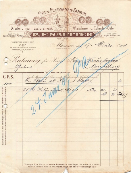 Alte Rechnung,"C.F.Sautter, München" 17.03.1908