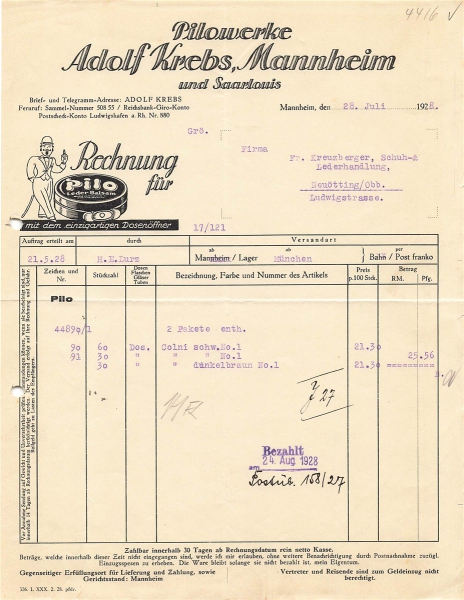Alte Rechnung,"Adolf Krebs, Mannheim" 28.07.1928