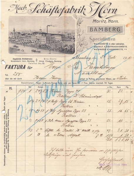 Alte Rechnung,"Moritz Horn, Bamberg" 24.07.1912