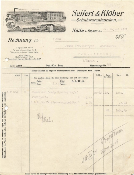 Alte Rechnung,"Seifert & Köber, Naila i.B." 11.08.1921