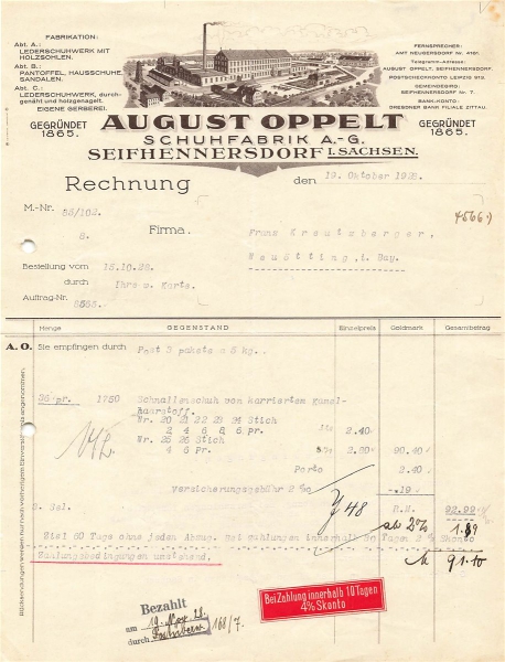 Alte Rechnung,"August Oppelt, Seifhennersdorf i.S." 19.10.1928