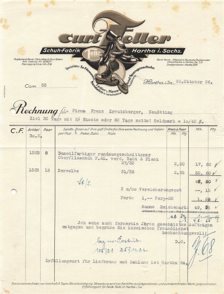 Alte Rechnung,"Curt Feller, Hartha i.S." 25.10.1926
