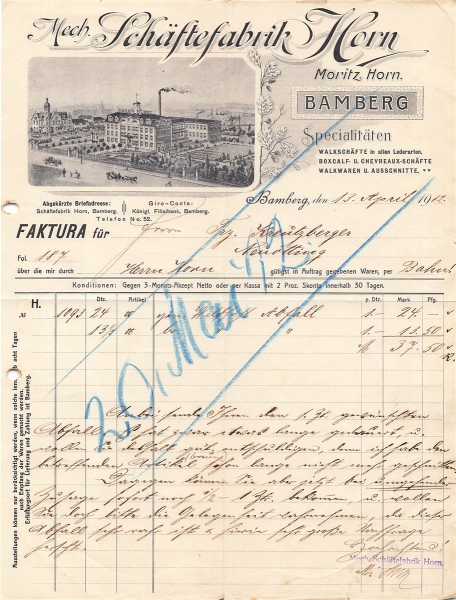 Alte Rechnung,"Moritz Horn, Bamberg" 13.04.1912