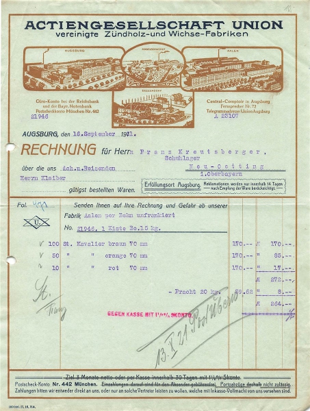 Alte Rechnung,"Actiengesellschaft Union, Augsburg" 16.09.1921